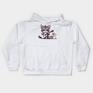 cute kitten playing the guitar with a cute little mouse playing the drum Kids Hoodie